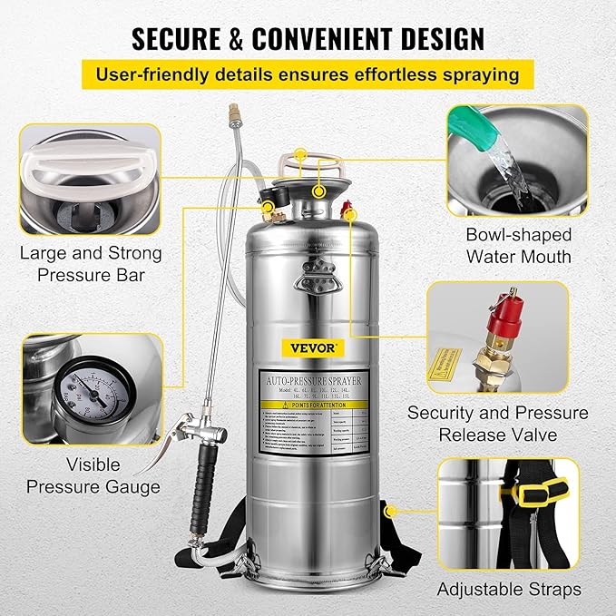 Happybuy 3.5 Gallon Stainless Steel Sprayer, 20" Wand & 3FT Reinforced Hose, Pressure Gauge, Safety Valve&Adjustable Nozzle, Garden Weed Pump Sprayer for Lawn, Gardening