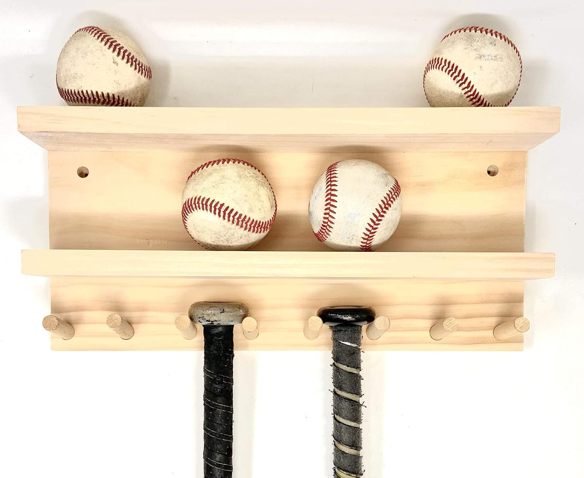Full Size Baseball Bat Rack Display Case 4-7 Bats 8 Balls Natural Finish Wall Mount
