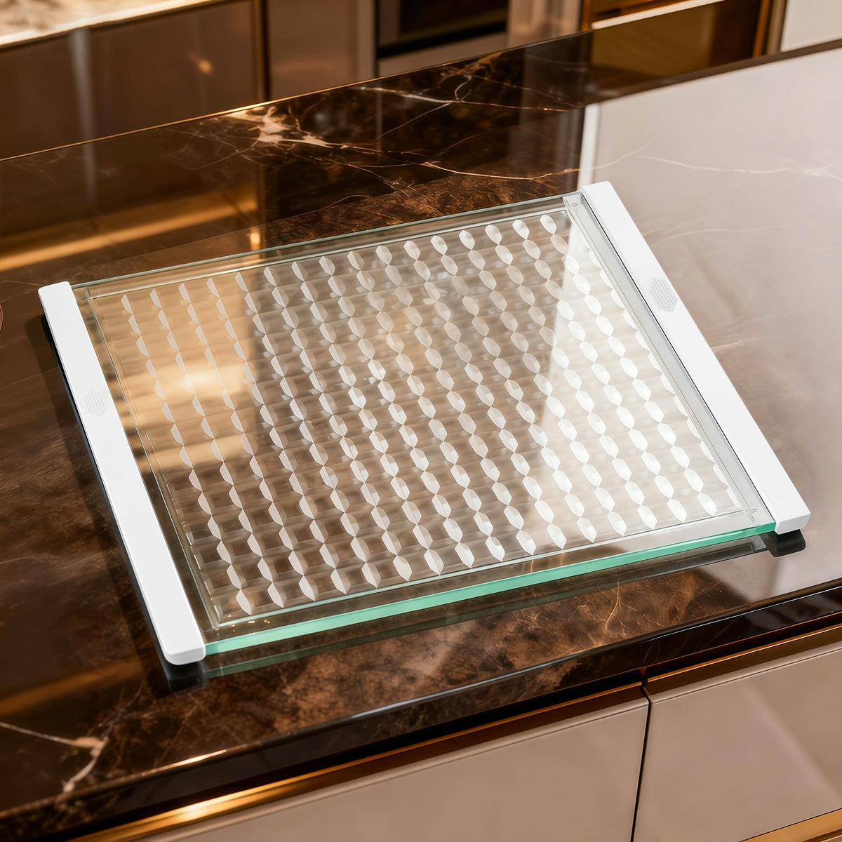 Luxury Artisan Mosaic Glass Cutting Board with Juice Groove - Tempered Glass checkered cutting board & Serving Tray, Dishwasher Safe, 16.2" x 12" x 0.24"
