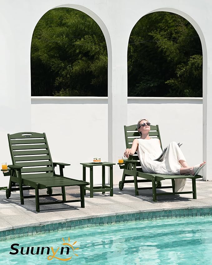 Lounge Chair Outdoor Set of 2, 6-Position Adjustable Chaise Lounge Outdoor with Wheels, Lounge Chair with Cup Holder for Pool Poolside Deck Backyard Patio, Green