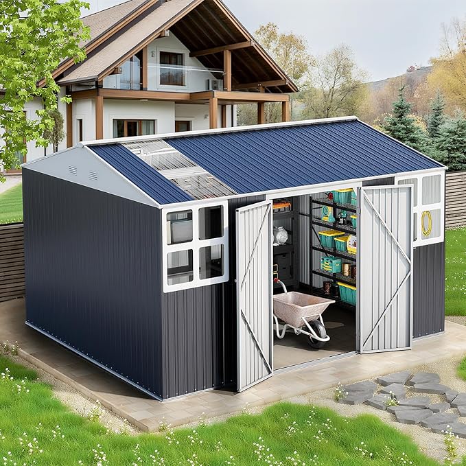 12x10 FT Metal Sheds & Outdoor Storage: Heavy Duty Garden Sheds with Dual Transparent Panels, 2x4-Pane Windows & Hinged Double Doors, Weatherproof Tool Shed for Backyard, Garden, Patio, Grey/White