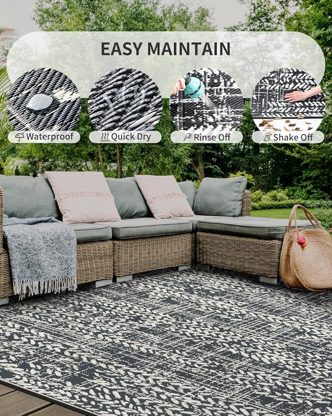 MontVoo Outdoor Rug Waterproof-Patio Rug Mat 6x9 Outdoor Carpet Reversible RV Camping Picnic Plastic Straw Rug Outside Outdoor Area Rug for Balcony Deck Backyard Patio Decor Boho Modern Abstract