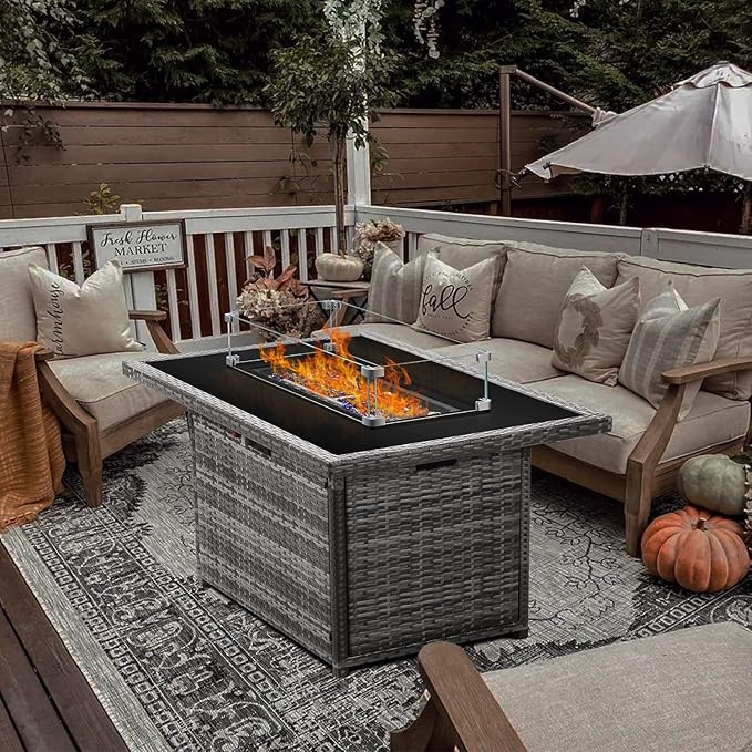 Propane Fire Pit Table,44 Inch 55000 BTU Outdoor Gas Fire Pit Rectangular with Glass Wind Guard for Outside Patio Deck (Gray-Glass Top)