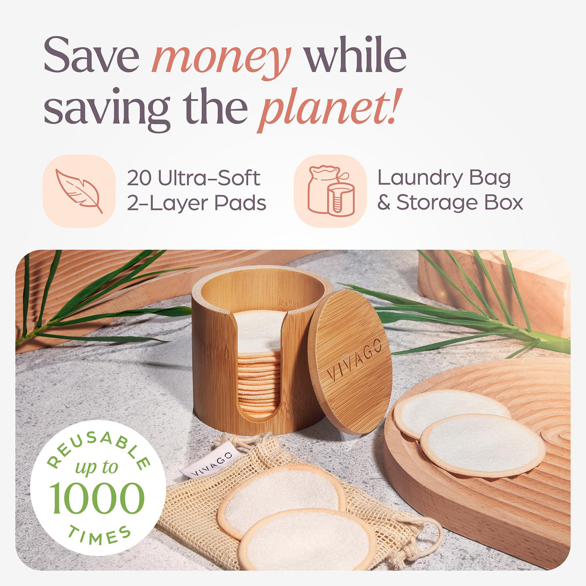 VIVAGO Reusable Cotton Rounds for Face - 20 Pack