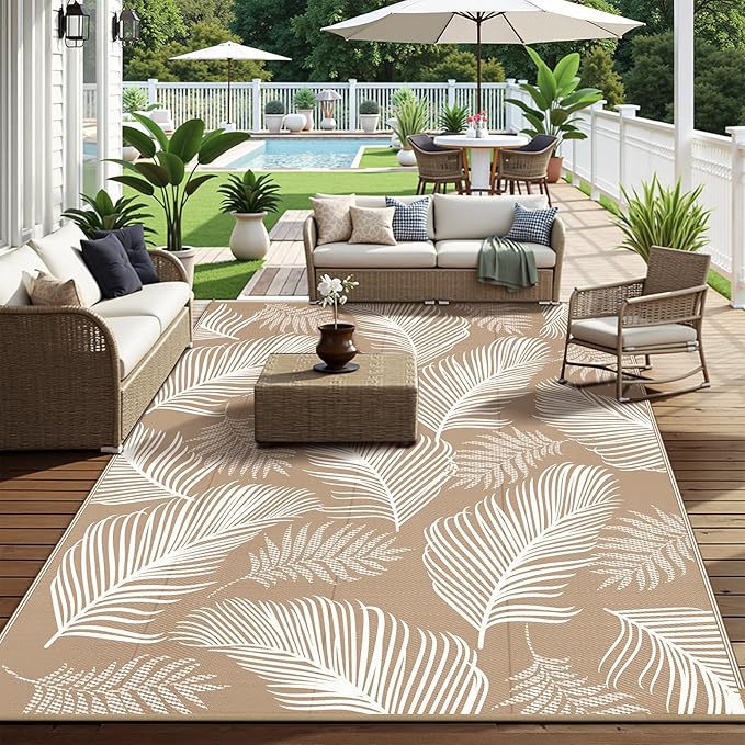 Pauwer Waterproof Outdoor Rug 9x12, Reversible Plastic Straw Patio Camping Rug, Indoor Outdoor RV Mat Carpet for Deck, Camper, Porch, Balcony, Backyard, Picnic, Leaf Brown