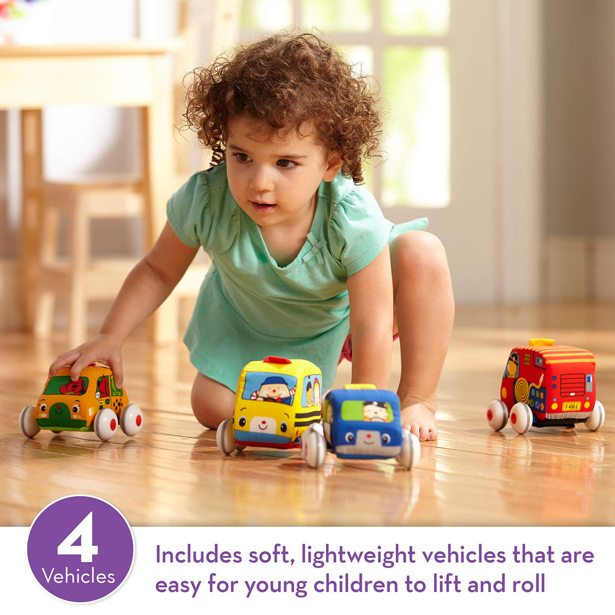 Melissa & Doug K's Kids Pull-Back Town Vehicle Set - Baby Toys Set with 4 Soft Toy Cars and Trucks, Surface Washable with Removable Wheels, Learning Toys for Babies and Toddlers