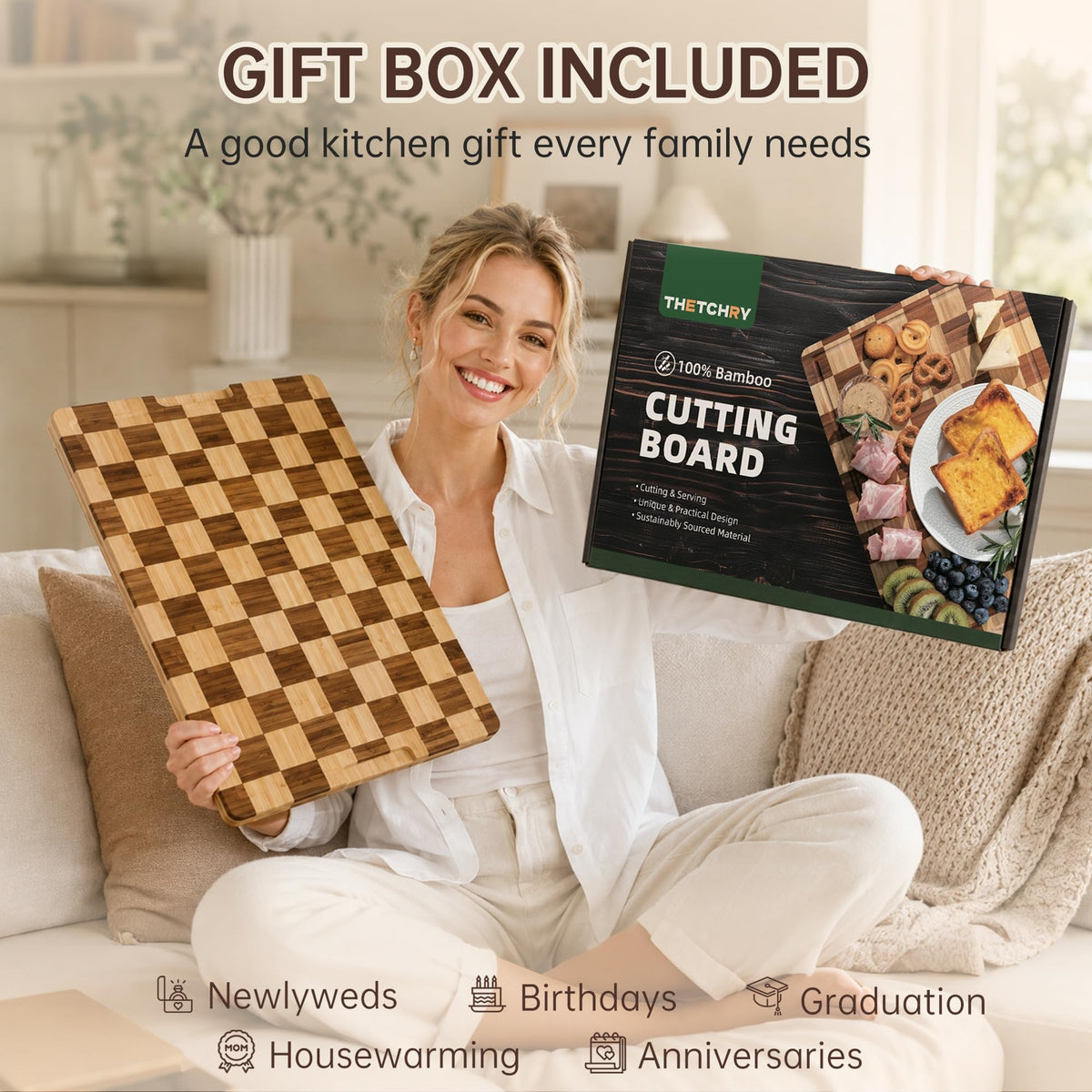 THETCHRY Checkered Cutting Board for Kitchen, Bamboo Wooden Cutting Board