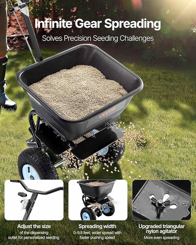 VEVOR Broadcast Spreader, 100LBS4Capacity, Walk-Behind Push Spreader, 0-9.8ft Spreading Width, 13 in All Terrain Pneumatic Tires, Lawn Spreaders with Hopper Grate, for Seed, Fertilizer, Salt, Ice Melt