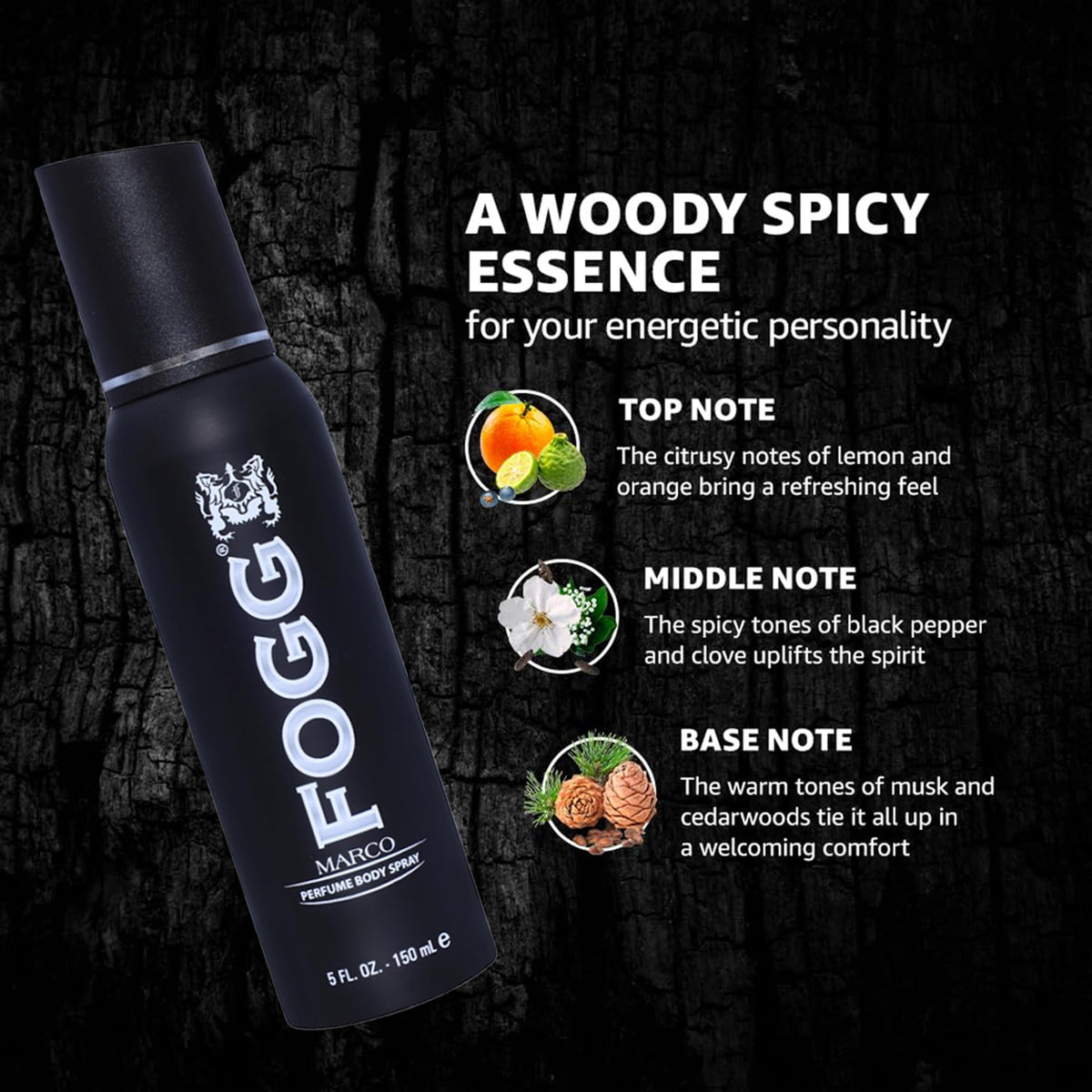 Marco by Fogg - Perfume-Based Mens Body Spray - Fresh Aromatic Fragrance Body Spray - Opens with Citrus Notes of Bergamot, Lemon, Green Apple - 5 oz