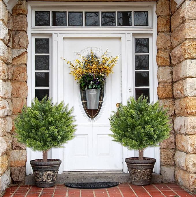 Artificial Cedar Shrub Ball Trees Two 15.8inch with Ground Spikes, can be Planted in The Ground and in pots, Outdoor Artificial Plants Resistant to UV Rays