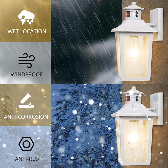 White Motion Sensor Outdoor Wall Light - Dusk to Dawn Outdoor Wall Lighting, Waterproof Exterior Light Fixture, Modern Porch Light Outside Wall Mount for House Patio Garage, Anti-Rust