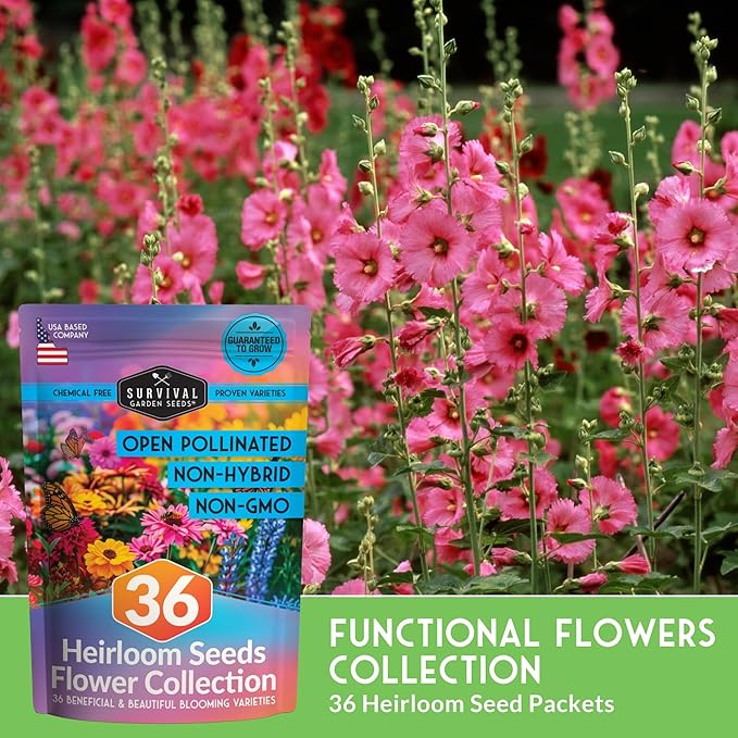 Survival Garden Seeds Functional Flower Garden Kit | 36 Pack Seed Starter Collection | Bee, Butterfly, Hummingbird, Pollinator-Friendly Blooms | Non-GMO Heirloom Beneficial Flowers & Wildflowers