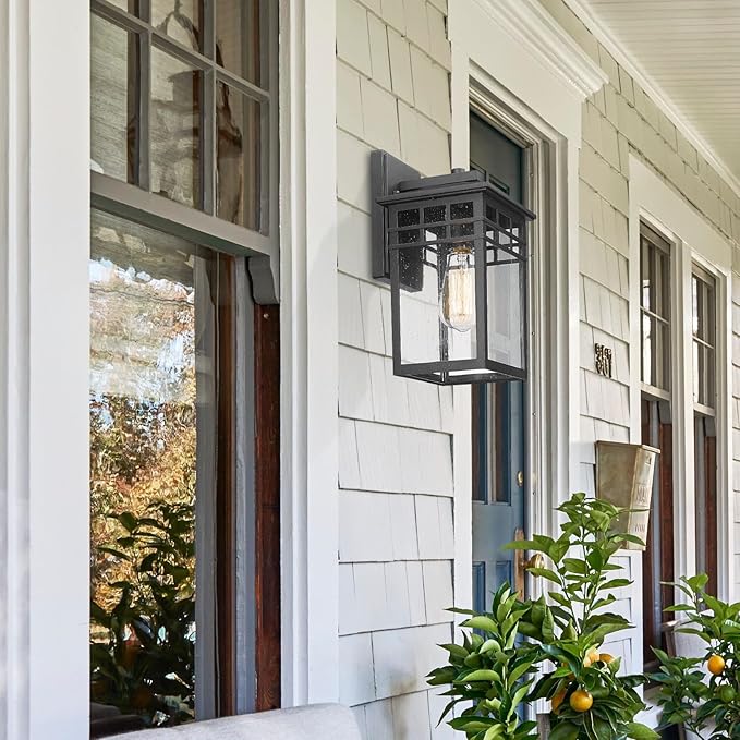 Outdoor Light Fixture Wall Mount, Modern Exterior Lights Fixture Wall Sconces with Seeded Glass for Front Porch, Farmhouse Waterproof Black Carriage Lantern Lamp Outside for Home, Garage, 2 Pack