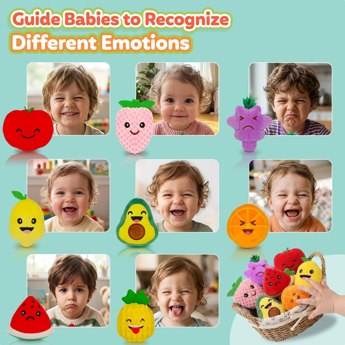 Sensory Toys for Kids, 8 Pack Mini Fruit Soft Stuffed Plush Toy for Girls or Boys as Party Decorations, Toddler Pretend Play Kitchen Food, Strawberry, Avocado, Pineapple and Orange