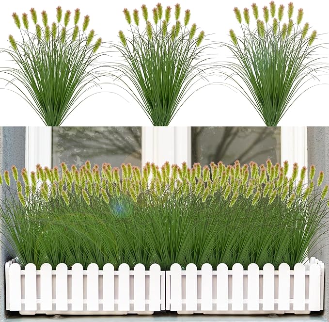 Artificial Grass Plants Outdoor 12 Bunches Fake Onion Grasses with Plush Fake Shrubs Plant Flowers Faux Greenery Wheat Sea Grass for Outside Garden Indoor House Home Office Room Décor (Green & Red）