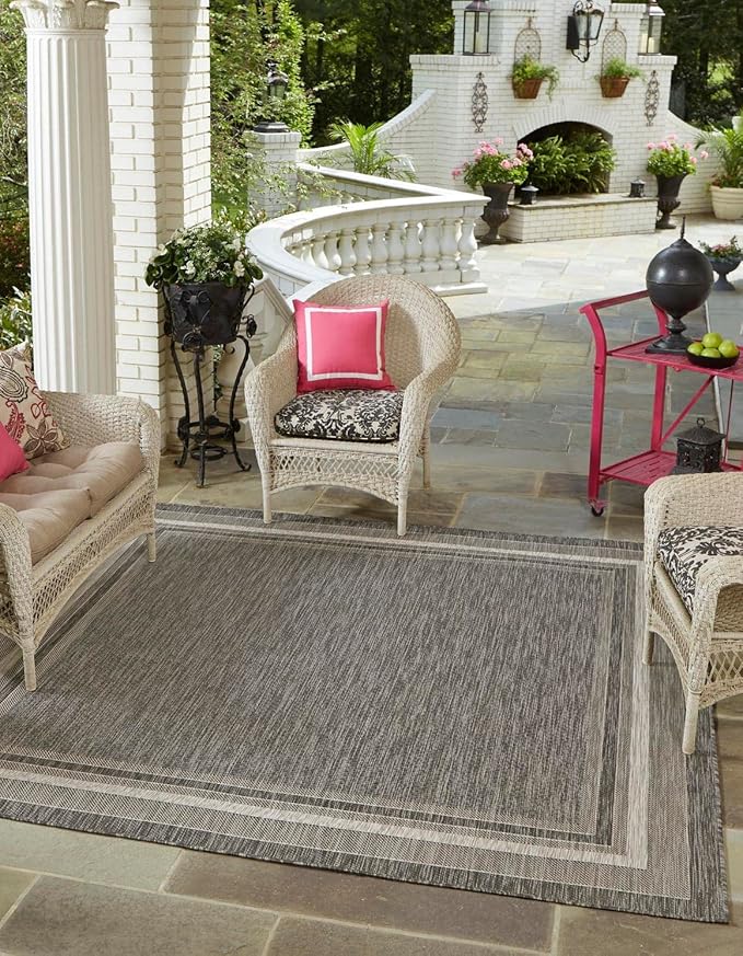 Unique Loom Outdoor Border Collection Area Rug - Soft Border (13' Square Black/Ivory)