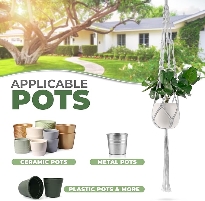 Sorbus Macrame Plant Hanger (8 Pack) Indoor Outdoor Hanging Plant Pots Cotton Rope, Elegant for Home, Patio, Garden (White)