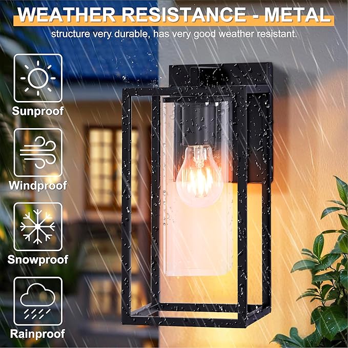 Pia Ricco Outdoor Wall Lights, Black Outdoor Wall Lantern with Square Clear Glass Shade, Waterproof Exterior Lighting Fixtures, Modern Front Porch Lighting for House, Garage, E26 Base, ETL Listed