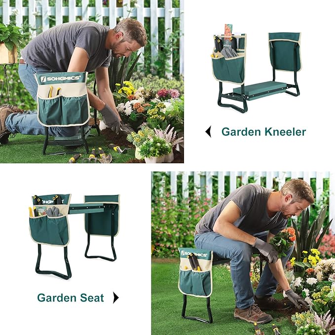 SONGMICS Garden Kneeler and Seat, Multifunctional Garden Kneeling Bench, Gardening Gifts for Women Men, Folding Gardening Stool, with 2 Tool Bags, 6-Inch Wide Kneeling Pad, Dark Green UGGK50L