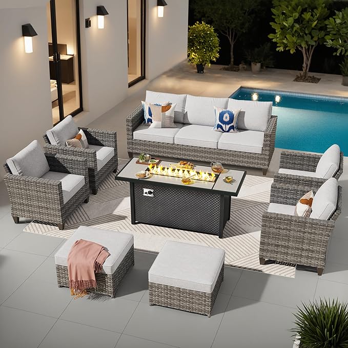ovios 8 Pieces Patio Furniture Set with 54" Fire Pit Table, Outdoor Wicker Sofa with Comfy Cushions, All Weather High Back Rattan Couch Conversation Set, Grey