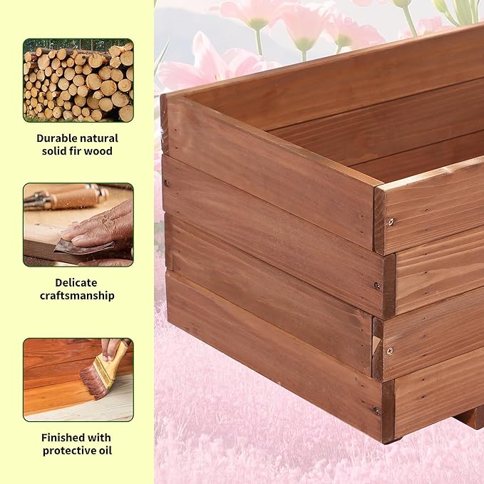 Wooden Raised Garden Bed Planter Box – Fir Wood Outdoor Vegetable, Herb & Flower Box with Drainage Holes – 31.5"x15.75"x12.6", Rot-Resistant, for Patio, Yard, Balcony