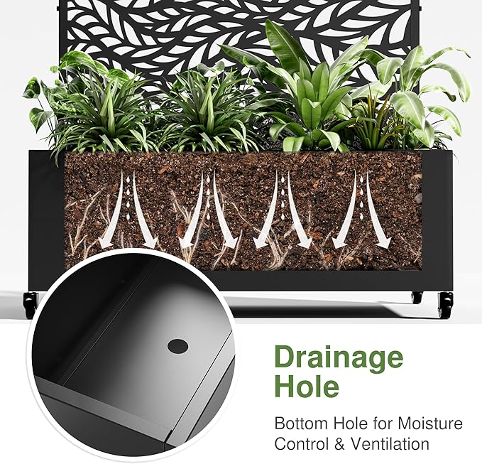 Casaphoria Metal Raised Garden Bed with Trellis and Wheels, 47"x47"x16" Planter Box for Climbing Plants, Vegetables & Vines, Features Drainage Holes and Privacy Screen (Black-Spring)