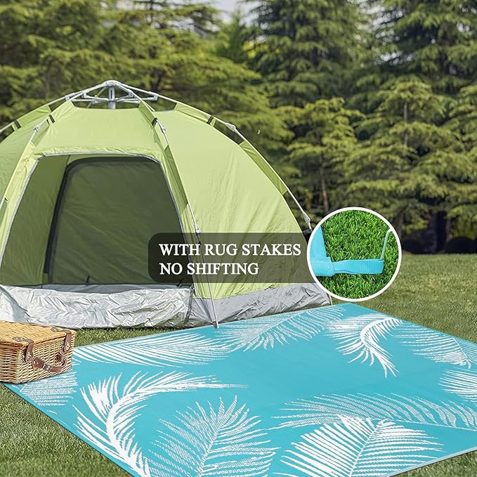 Pauwer Waterproof Outdoor Rug 5x8, Reversible Plastic Straw Patio Camping Rug, Indoor Outdoor RV Mat Carpet for Deck, Camper, Porch, Balcony, Backyard, Picnic, Leaf Teal