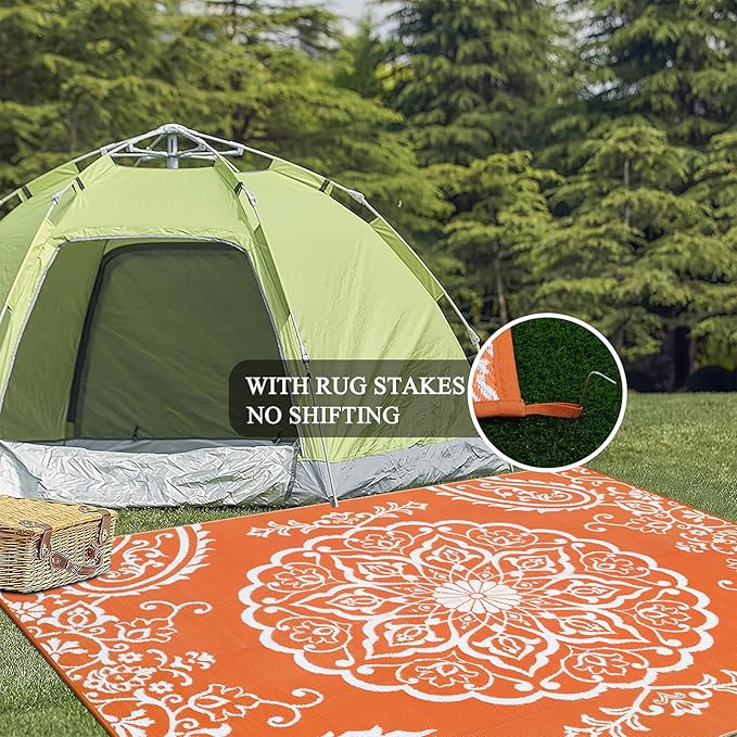 Pauwer Waterproof Outdoor Rug 8x10, Reversible Plastic Straw Patio Camping Rug, Indoor Outdoor RV Mat Carpet for Deck, Camper, Porch, Balcony, Backyard, Picnic, Boho Orange