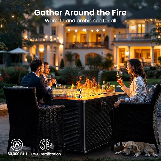 Ciays 43-Inch Rectangular Propane Fire Pit with 60,000 BTU Output, Fire Pit Table Premium Gas for Outside Patio with 304 Stainless Steel H-Burner, Glass Stones, and Wind Guard,Black