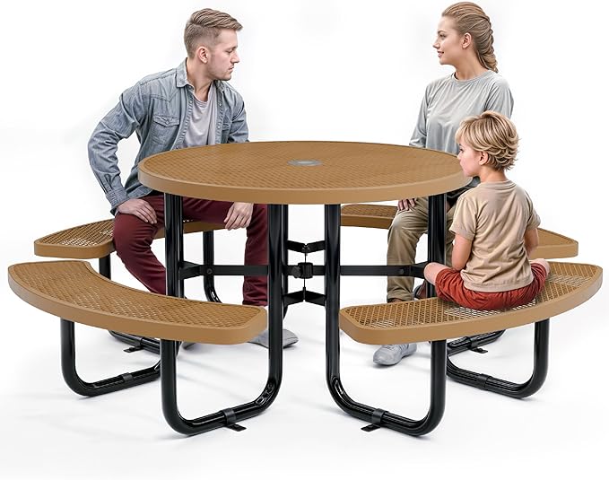 Metal Picnic Tables for Outdoors with Umbrella Hole - Coated Steel Heavy Duty Commercial Grade Table with Adjustable Seats (Brown, 46 in, Round, Expanded Steel)