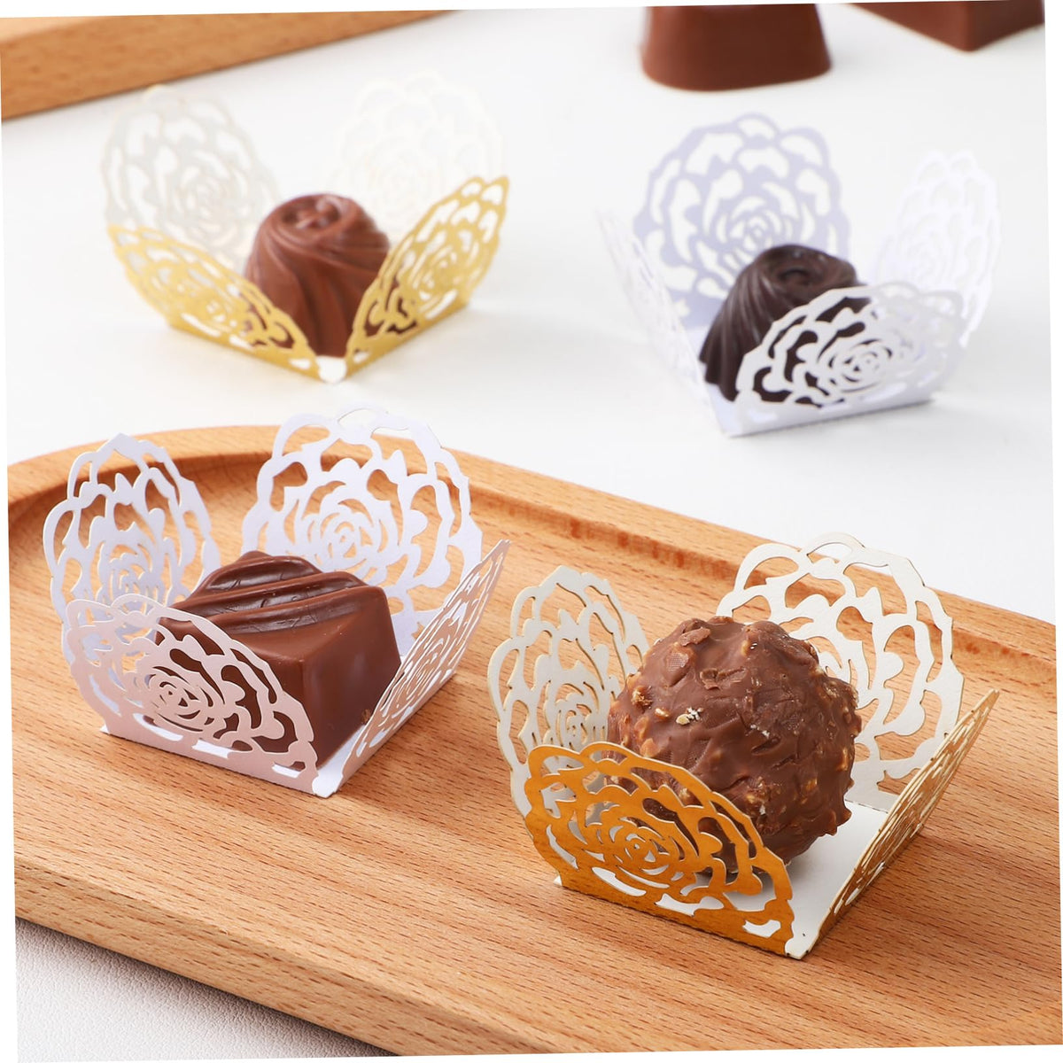 Mobestech 100Pcs Chocolate Truffle Wrappers Hollow Rose Flower Dessert Cups for Wedding Party Decoration and Reflective Chocolate Liners