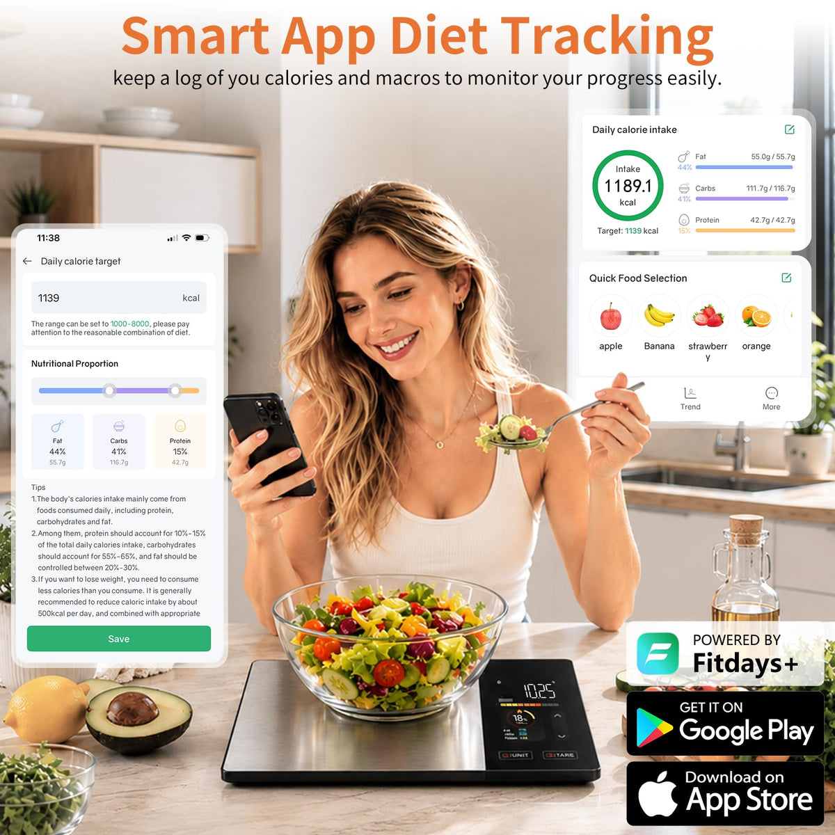 Smart Nutrition Kitchen Scale,Free APP Digital Scale Tracks Calories,Fat, Carbs,Protein,analyzes 24 nutrients,11lb max Load, gram/Ounce Conversion, Stainless Steel for Weight Loss, Baking & Meal prep.