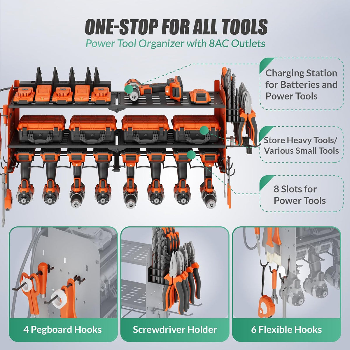Suchtale Power Tool Organizer with Charging Station,33.2''Garage 8 Drill Holders Wall Mount,3 Layers Heavy Duty Metal Tool Shelf with 8 Outlets Power Strip, Gift for Men, Father, Orange