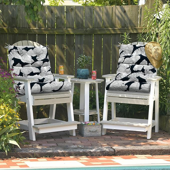 LVTXIII Outdoor Seat/Back Chair Cushion Patio Tufted High Back Cushion, Seasonal Replacement Rocking Chair Cushion with Ties (44” L x 22W”, Set of 2, Black Lush Leaf)