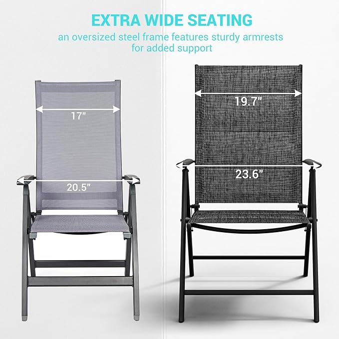 UDPATIO Patio Folding Dining Chairs Set of 2, Folding Lawn Chairs for Adults with Padded All Weather Breathable Textilene, Portable Chairs with Steel Frame, No Assembly, Dark Grey