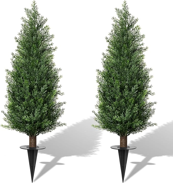 3FT Artificial Cedar Topiary Trees with Ground Spike, Set of 2 UV Resistant Fake Evergreen Bushes Shrubs Trees Artificial Plants Realistic Faux Cypress Plants for Indoor Outdoor Front Porch Garden