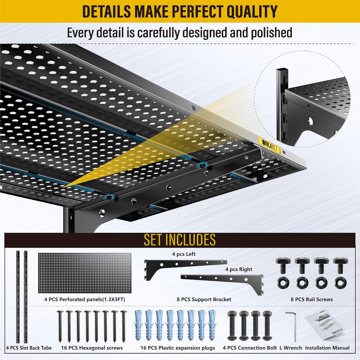2-Pack×2 Tier 1.3x3ft Garage Shelving Wall Mounted, 800 lbs Load Capacity，15.6x36inch per Shelf Height Cassette Adjustable Floating Shelves（Total 4pcs）(Black)