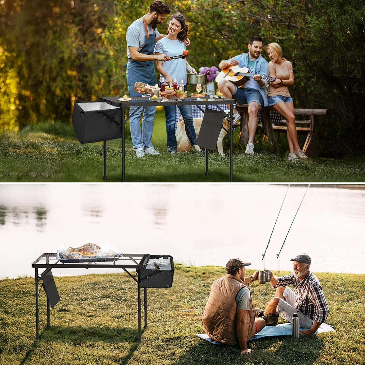Portable Folding Grill Table with Sink for Outdoor, Lightweight Aluminum Frame Folding Grill Stand Picnic Table Camping Cooking BBQ, RV Picnic,2 Heights Adjustable(Black)