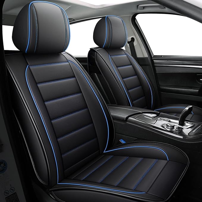 CAPITAUTO Leather Car Seat Covers, Waterproof Faux Leatherette Cushion Cover for Cars SUV Pick-up Truck Universal Fit Set for Auto Interior Accessories(2 Front Blue&Black)