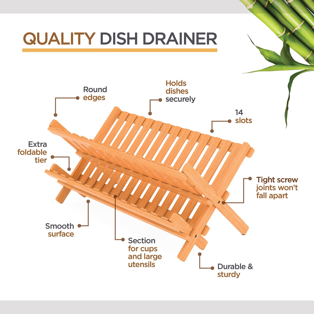 Bambüsi 2-Tier Dish Drying Rack, Bamboo Dish Drainer for Kitchen Counter