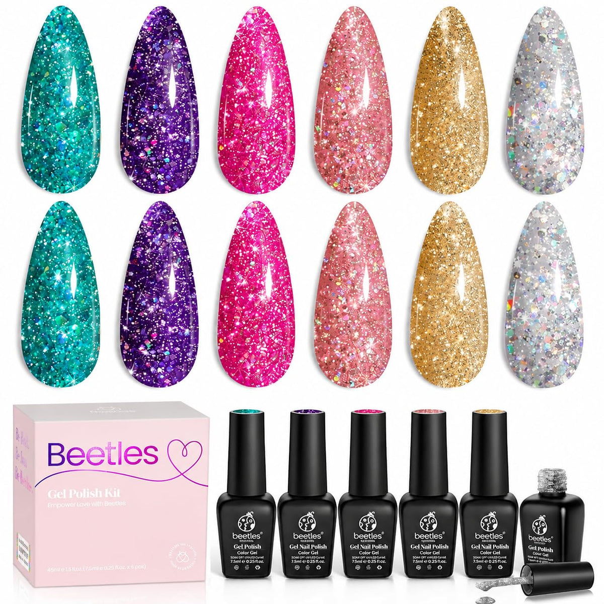 Beetles Glitter Gel Polish, 6 Pcs Pink Silver Platinum Gel Polish Kit
