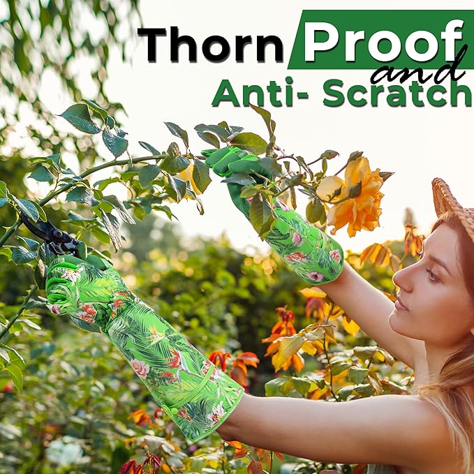 HANDLANDY Women Gardening Gloves, Thorn Proof Breathable Ladies Rose Pruning Long Gauntlet Floral Print Garden Yard Gloves, Gift for Gardeners (Green, XL)