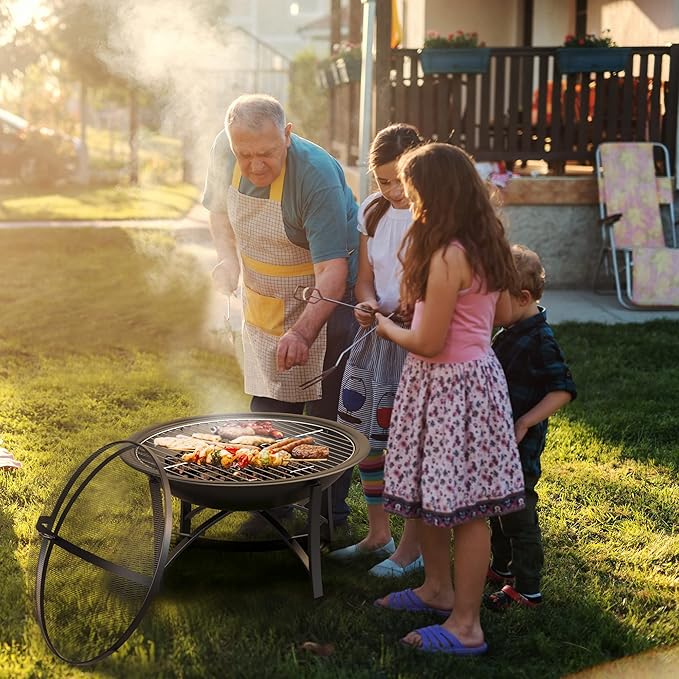 Fire Beauty Fire Pit for Outside Wood Burning,BBQ Grill Steel Fire Bowl with Cooking Grate,Spark Screen Cover,Log Grate,Poker for Camping Beach Bonfire Picnic Backyard Garden