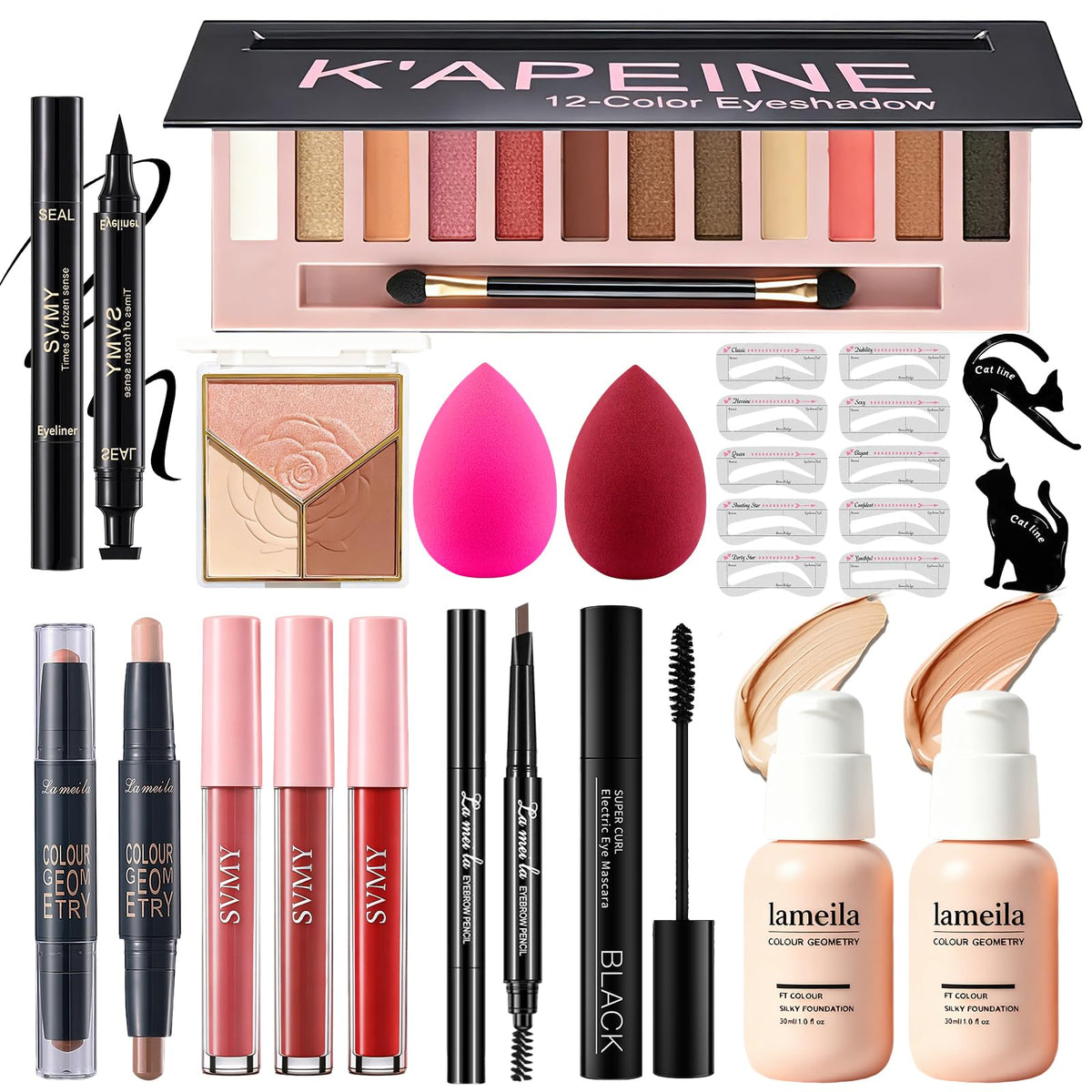 All in One Makeup Kit for Women Full Kit, Makeup Essential Bundle 12 Colors Eyeshadow Foundation Lipsticks Eyeliner Mascara Contour Powder Contour Stick Brow Pencil, Make Up Gift Set for Women & Teens