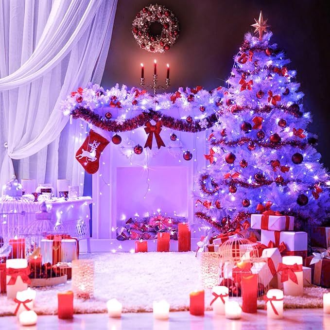 JMEXSUSS Purple Christmas Lights Indoor Outdoor Clear Wire, 66ft 200 LED Purple Lights for Christmas Tree, 8 Modes Purple String Lights Plug in for Christmas Bedroom Garden Party Xmas Decorations