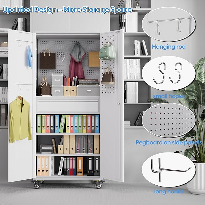 Garage Storage Cabinet with Locking Doors and 2 Adjustable Shelves, 71" H Metal Rolling Tool Storage Cabinet with Wheels, Drawer, Pegboard and 16 Hooks for Garage, Warehouse, White and Gray