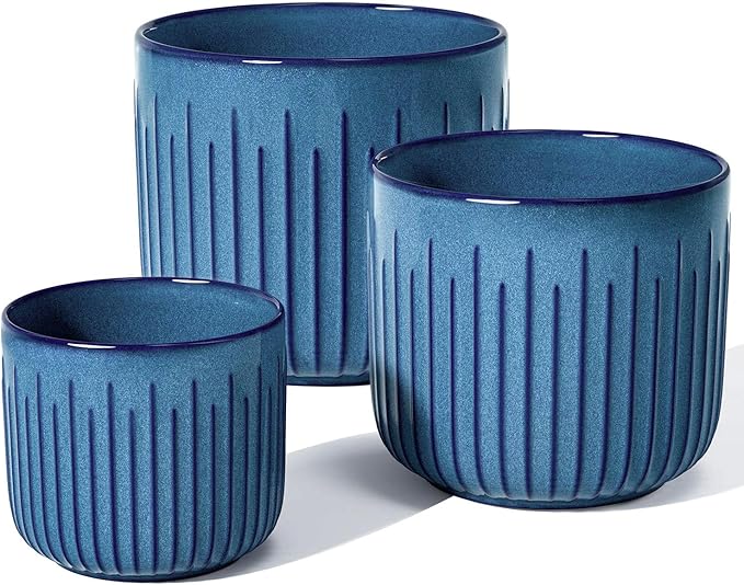 LE TAUCI Fluted Ceramic Planters Set of 3 – 8.3/7 / 5.7 in Ocean Blue Reactive Cylinder Indoor Plant Pots with Drainage Plug & Mesh, Glossy Stoneware Flower Pots for Succulents Herbs