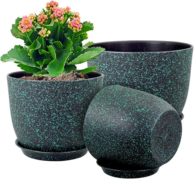 Plant Pots 9/8/7.5inch, Set of 3 Modern Decorative Plastic Planters with Drainage Holes and Saucer for Garden House Plants, Flower Pots for Indoor Outdoor Plants, Black with Green Speckles