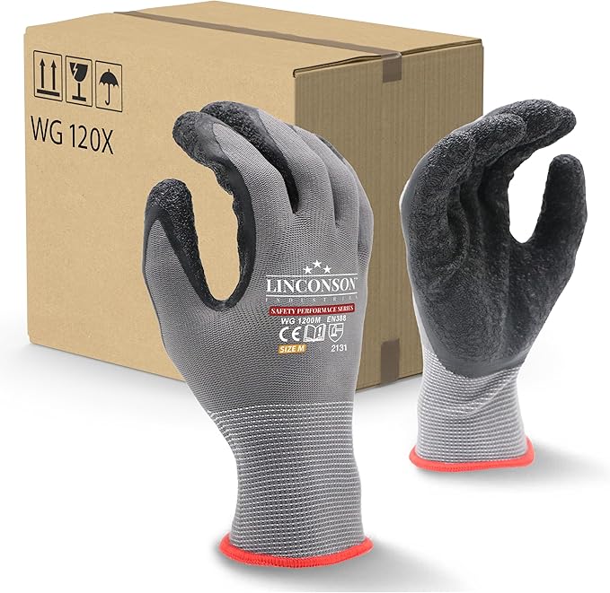 linconson 12 Pack Safety Performance Series Construction Mechanics Wrinkle Latex Work Gloves