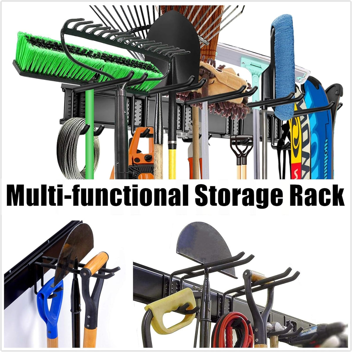 WALMANN Wall Mount Tool Organizer, Mop and Broom Holder, Garage Storage Rack, Heavy Duty Garden Tool Storage Organization System, Holds Up to 300lbs
